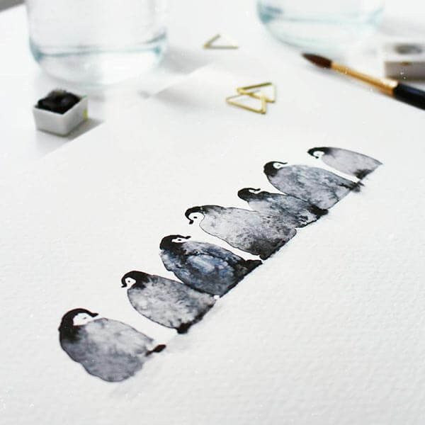 пингвины акварелью