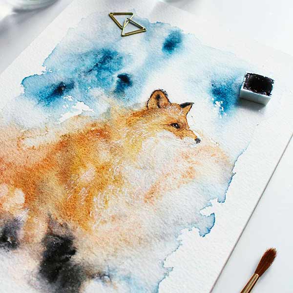 лиса акварелью