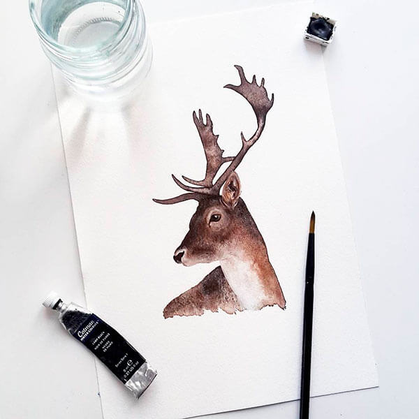 олень акварелью